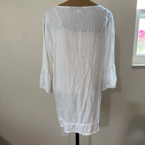 Tahari 100% Linen Tunic Top White Pom Pom Trim V-Neck Beach Minimalist Boho 2X​ - Picture 4 of 7
